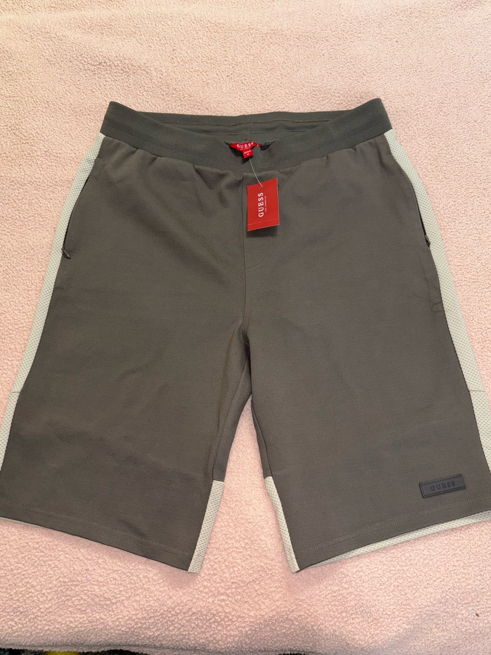 GUESS Men's Olive Green Athletic Shorts with Light Gray Mesh Trim